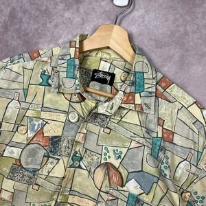 RARE Vintage 80s Stussy Mens Medium Button Up Shirt Abstract Short Sleeve Shirt